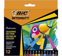 BIC Intensity - Feutre de Coloriage Pointe Conique Fine pour un Tracé Précis ou Large avec Corps Noir Mat - Couleurs Assorties, Pochette de 12
