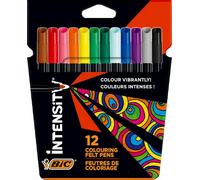 BIC - Feutres de coloriage Intensity - Corps noir mat, pointe fine, couleurs assorties - Pochette 12