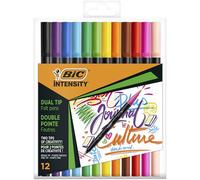 BIC Feutres d'écriture Intensity – Double pointe, corps noir mat – Pochette 12 couleurs assorties