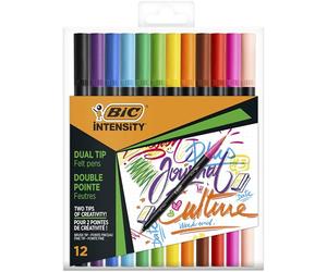 BIC Intensity feutre d'écriture Double Pointe et Corps Noir Mat - Couleurs assorties, Pochette de 12