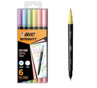 Bic Intensity Lot de 6 stylos à pointe fine 2 en 1, pointe fine (0,7 mm) et pinceau flexible (3,7 mm), couleurs pastel assorties