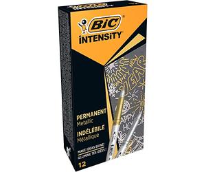 BIC Intensity Marqueur Métallique Indélébile Pointe Incurvée Fine et Corps Métallisé - Couleurs métallisées Or et Argent, Boîte de 12