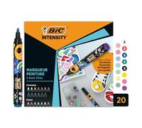 BIC Intensity Paint Lot de 20 marqueurs peinture à pointe moyenne - Marqueur Peinture à base d’eau - Feutre acrylique - Surfaces : Papier, Textile, Verre, Galet, Bois - Couleurs classiques et pastel