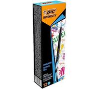 BIC Intensity Stylo Feutre d'écriture Pointe Fine et Corps Noir Verni - Bleu ciel, Boîte de 12