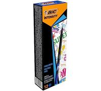 BIC Intensity Stylo Feutre d'écriture Pointe Fine et Corps Noir Verni - Bleu foncé, Boîte de 12