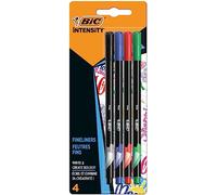 BIC Intensity Stylo Feutre d'écriture Pointe Fine et Corps Noir Verni - Couleurs assorties, Blister de 4