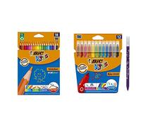 BIC Kids Evolution ECOlutions Crayons de Couleur - Coloris Assortis, Etui Carton de 18 Kids Kid Couleur Feutres de Coloriage à Pointe Moyenne - Couleurs Assorties, Etui Carton de 10+2