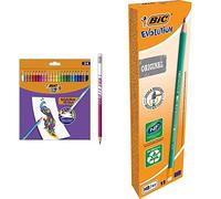 BIC Kids Evolution Illusion Lot de 24 crayons de couleur effaçables & Evolution Original Crayons à Papier avec Gomme Intégrée, Certifiés NF Environnement, Pointe HB, Boîte de 12