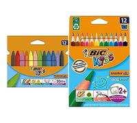 BIC Kids Evolution Triangle ECOlutions Crayons de Couleurs Triangulaires - Couleurs Assorties, Etui Carton de 12 & Kids Plastidecor Triangle Craies de Coloriage - Couleurs Assorties, Etui Carton de 12