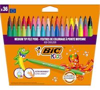 BIC Kids Kid Couleur - Feutres de Coloriage Lavables à Pointe Moyenne - Couleurs Assorties, Etui Carton de 36