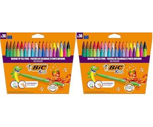 BIC Kids Kid Couleur - Feutres de Coloriage Ultra Lavables à Pointe Moyenne - Couleurs Assorties, Etui Carton de 36 (Lot de 2)