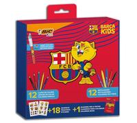 BIC Kids Kit de coloriage FC Barcelone avec stylo 4 couleurs exclusif : CAT, 12 crayons de couleur BIC Tropicolors, 12 feutres Kid Couleur, carnet de coloriage et 18 autocollants du FC Barcelone