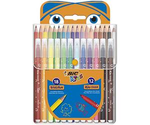 BIC Kids Kit de Coloriage, Parfait pour les Enfants, 18 Crayons de Couleur, 12 Feutres de Coloriage, Etui réutilisable de 30