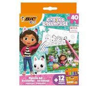 BIC Kids Puzzle Gabby et la Maison Magique - 12 Feutres de Coloriage/1 Puzzle 40 Pièces - Couleurs Assorties, 13 Produits