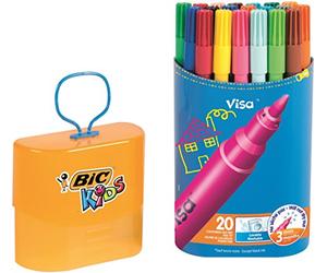 BIC Kids Visa Feutres de Coloriage à Pointe Fine - Couleurs Assorties, Boîte Refermable de 20