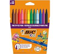 BIC Kids Visa Feutres de Coloriage à Pointe Fine, Lavables, Encre à base d'eau - Couleurs Assorties, Etui Carton de 12