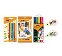 BIC Kit Multicolore avec Rubans Correcteurs Mini Pocket Mouse, Stylos-bille Cristal Multicolour, Surligneurs Highlighter Grip et Feutres Intensity Dual Tip - Couleurs assorties, Pack de 23