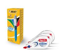 BIC Lot de 12 stylos à bille 4 couleurs avec encre bleue, rouge, vert, noire et mini rubans correcteurs Tipp-Ex Mini Pocket - Ensemble durable et compact pour écrire, éditer et tâches quotidiennes