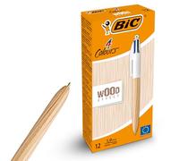BIC Lot de 12 stylos à effet bois 4 couleurs rétractables multicolores avec quatre encres vives assorties pour l'école, le bureau et le codage couleur