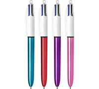 BIC - Lot de 4 Stylos 4 Couleurs Shine - Pointe Moyenne (1,0 mm) - Corps Métallisés : Rouge, Bleu, Rose, Violet