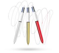BIC Lot de 4 stylos à bille brillants avec corps métallique multicolore Pointe moyenne 1 mm Encre noire bleue rouge verte Stylos rétractables durables pour prendre des notes, écrire, journaliser et