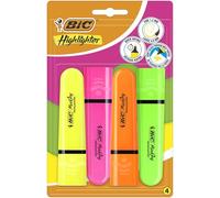 BIC Lot de 4 surligneurs plats Higlighter 4 couleurs (jaune, orange, rose, vert), encre à base d'eau, séchage rapide