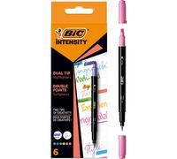 BIC marqueur Intensity Dual Tip Pointe biseautée fine 6 pièces Bleu Vert Pêche Rose Violet Jaune