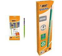 BIC Matic Fun Porte Mines 0,7 mm HB avec Gomme - Pochette Format Spécial de 10 & Evolution Original Crayons à Papier avec Gomme Intégrée, Certifiés NF Environnement, Pointe HB, Boîte de 12