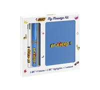 Bic My Message Kit Be A Hero - Kit De Papeterie Avec 1 Stylo-Bille Bic 4 Couleurs/1 Surligneur Bic Highlighter Grip Bleu