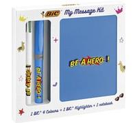 Bic My Message Kit Be A Hero - Kit De Papeterie Avec 1 Stylo-Bille Bic 4 Couleurs/1 Surligneur Bic Highlighter Grip Bleu
