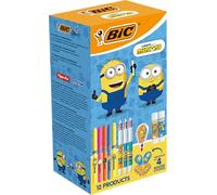 BIC Minions Kit de Papeterie Édition Limitée - 4 Couleurs Stylos-Bille Pointe Moyenne (1,0 mm)/Surligneurs Pointe Biseautée/Souris Correctrice 6 m/Bâtons de Colle/Autocollants - Boîte de 12