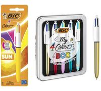 BIC My 4 Colours Box - Stylos-Billes Rétractables à Pointe Moyenne, Corps Couleurs Assorties, Boîté Métallique de 5 & 4 Couleurs Sun Stylo-Bille Rétractable Pointe Moyenne (1,0 mm) - Blister de 1