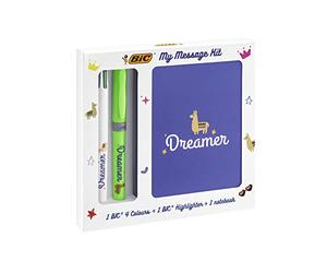 Bic My Message Dreamer Kit - Kit de Papeterie avec 1 Stylo à Bille 4 Couleurs, 1 Surligneur Grip Green, 1 Carnet de notes A6 Blanc