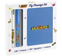 BIC My Message Kit Be A Hero - Kit De Papeterie Avec Stylo-Bille 4 Couleurs, Surligneur Highlighter Grip Bleu, Carnet De Notes A6 Blanc, Pack De 3