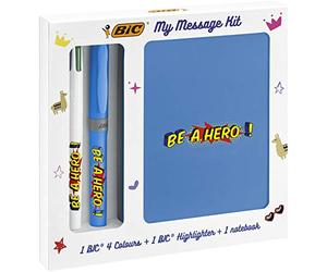 BIC My Message Kit Be A Hero - Kit De Papeterie Avec Stylo-Bille 4 Couleurs, Surligneur Highlighter Grip Bleu, Carnet De Notes A6 Blanc, Pack De 3