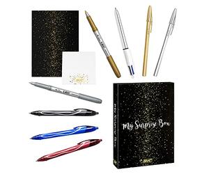 BIC My Surprise Box - Coffret Cadeau de 14 Produits d'Écriture, 4 Stylos-Bille/5 Feutres Métallisés/ 5 Stylos Gel, 1 Bloc de Notes Repositionnables et 1 Carnet de Notes A5 Blanc