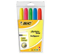 BIC Surligneur Highlighter Grip – Pointe biseautée – Couleurs fluo assorties, étui plastique de 5