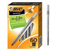 BIC - Round Stic Xtra Life - Lot de 60 stylos à bille, noir, pointe moyenne (1 mm), corps rond et flexible pour un confort d'écriture, stylos à bille les plus vendus n°1