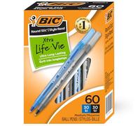 BIC Round Stic Xtra Life Lot de 60 stylos à pointe moyenne 1 mm, 30 noirs et 30 bleus