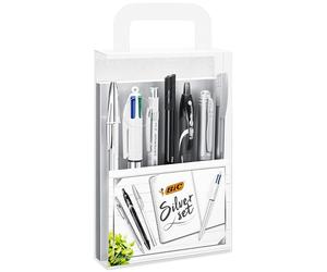 BIC Silver Set - 1 Carnet de Notes/3 Stylos-Bille/1 Stylo Gel/1 Crayon Graphite HB/1 Feutre/1 Porte-Mines