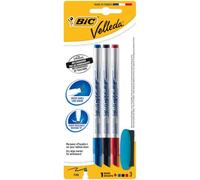 Bic - Velleda 1721 Fin - Blister de 3 Feutres Effaçable à sec + Effacette - Noir/Bleu/Rouge