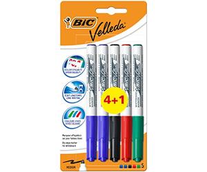 BIC Velleda 1741 Feutres pour Tableau Blanc Effaçables à Sec, Pointe Conique Moyenne - Couleurs Assorties, Blister de 4+1