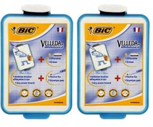 BIC Velleda Ardoise Ecolier Double Face (19 x 26 cm) Effaçable à Sec avec Feutre Bleu Effaçable à Sec et Effacette - Turquoise, Lot de 2
