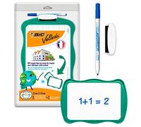 BIC Velleda Ardoise Ecolier Double Face (21 x 31 cm) Effaçable à Sec avec Feutre Bleu Effaçable à Sec et Effacette - Verte, Lot de 1