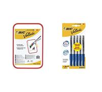 BIC Velleda Tableau Double Face Effaçable à Sec (30 x 44 cm) - Rouge, Lot de 1 & 1741 Feutres pour Tableau Blanc Effaçables à Sec, Pointe Conique Moyenne - Bleu, Blister Format Spécial de 5