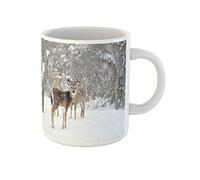Biche À Queue Blanche Et Ses Faons Debout Dans Les Bois, Scène De Noël Hivernale Sous La Neige Tasse À Café Drôle Tasse À Thé Céramique Mug Idée Cadeau Pour Bureau Collègue Anniversaire 330Ml