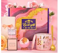 Biching Coffret cadeau d'anniversaire 40 ans pour femme, tasse à café 400 ml avec impression dorée, bougie parfumée rose, bombe de bain, boîte cadeau