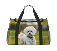 Bichon Frise Dog On The Grass Sac de voyage avec fermetures éclair et poignées, grand sac de sport pliable pour vacances en famille, Noir , Taille unique