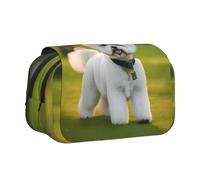 Bichon Frise Dog On The Grass Trousse à stylos double clapet avec poches zippées, grande capacité pour fournitures d'art et voyage