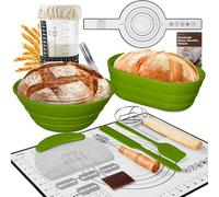 BICRET Lot de 15 accessoires de cuisson au levain avec panier de fermentation motif de blé, verre de fermentation, thermomètre, panier à pain, couteau à pâte, cadeau pour débutants, vert